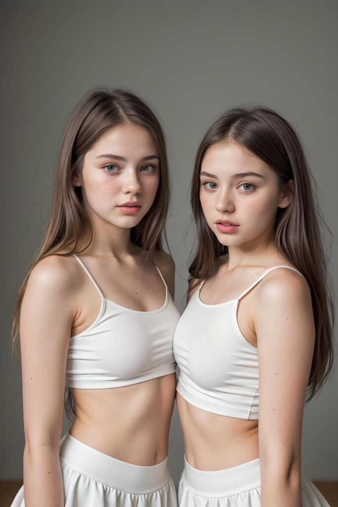 (((cute))) (((gorgeous))) ((female model)) ((stunning)) ((two very pretty young teen girls)), straight hair, perfect realistic body, dressed in a form-fitting low cut white crop top, super short mini skirt, ((about to a passionate kiss))
