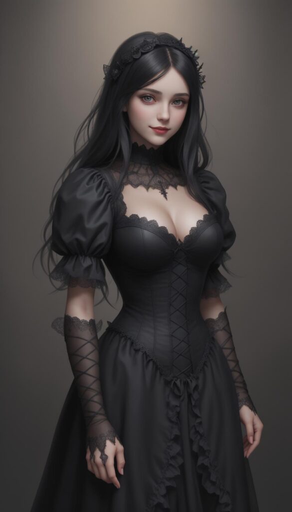 young girl, dark hair, smile, gothic dressed
