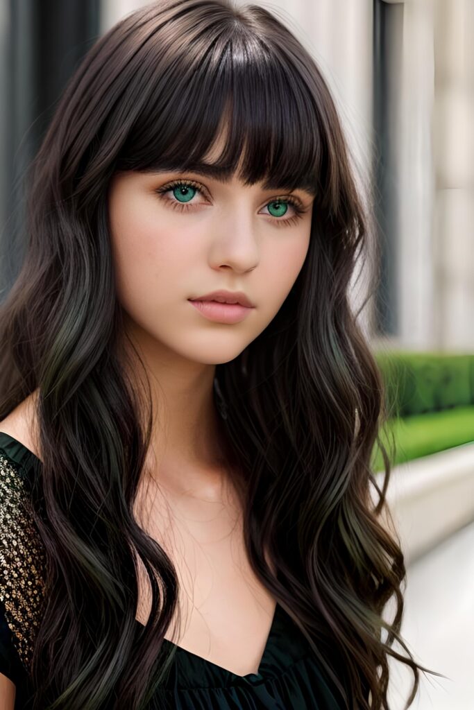 ((gorgeous)) ((stunning)) ((portrait)) masterpiece of teen girl detailed face with green eyes, black wavy hair, bangs cut