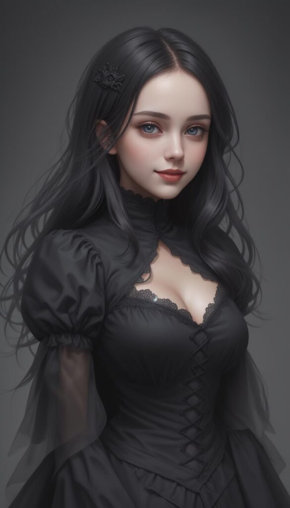 young girl, dark hair, smile, gothic dressed