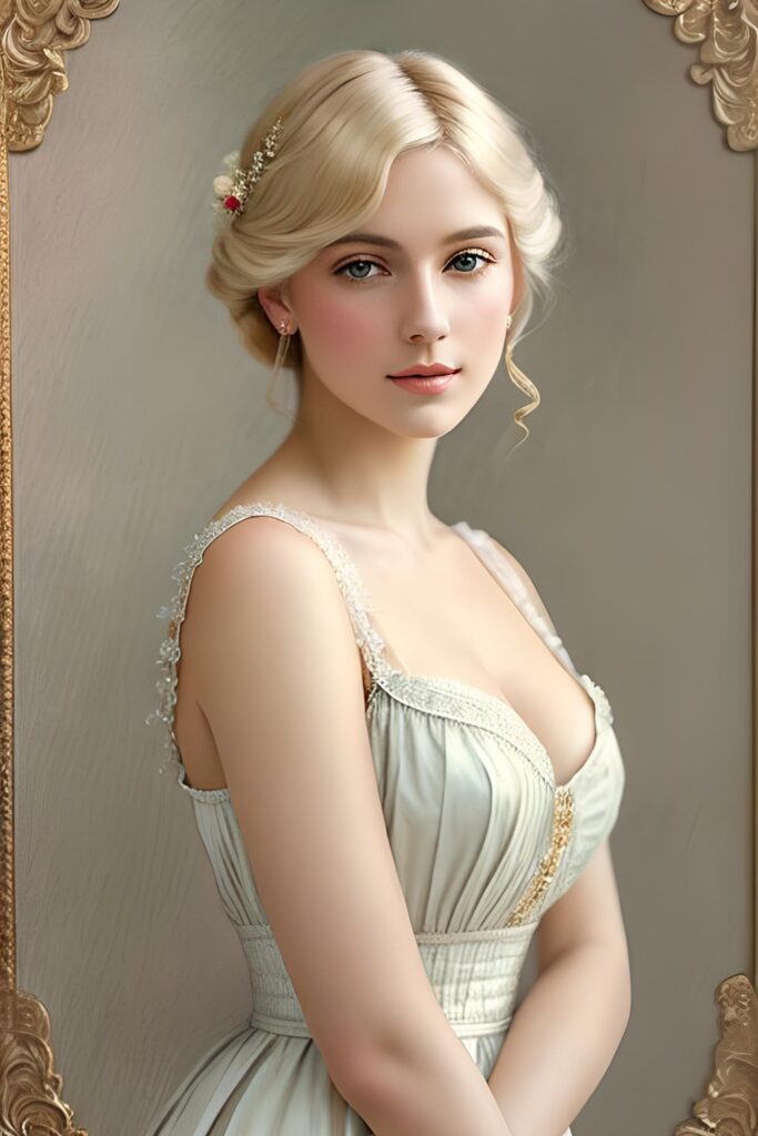 a beautifully drawn (((blonde woman))) in the style of late 19th century, with delicate details and a soft color palette that evokes an atmosphere of timeless elegance
