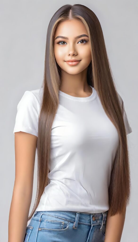 ((portrait)) of (((cute))) (((elegant))) ((attractive)) (((long, straight hair))) ((stunning)) a beautifully realistic, cinematic lights, Exotic teen girl, realistic detailed angelic round face, ((realistic detailed eye)) look at the camera, portrait shot, perfect curved body, (wears a super short tight (white t-shirt), perfect anatomy, white background, side perspective, ((no background))