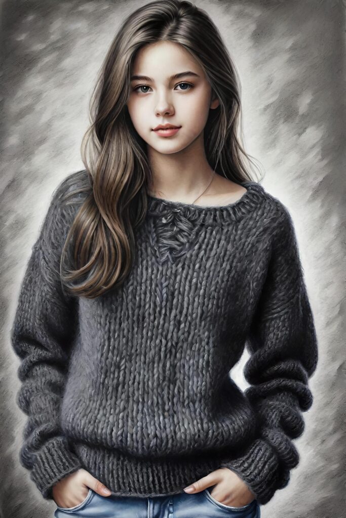 super realistic, detailed, ((gorgeous)) ((stunning)) cute young breasted girl, full portrait, 18 years old, charcoal drawing, thin wool sweater