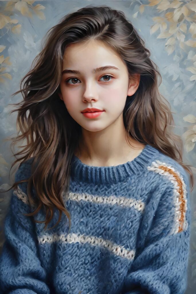super realistic, detailed, ((gorgeous)) ((stunning)) cute young girl, full portrait, 18 years old, oil painting style, thin wool sweater