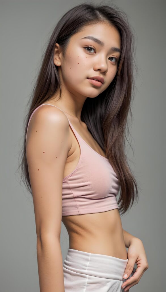 (((cute))) (((gorgeous))) ((stunning)) ((female model)) (upper body), (side view), (best quality, masterpiece), deep shadow, depth of field, photo with beautiful saturation, ultra high resolution, cute 18 years old Malaysian teen girl, detailed straight hair, white short tank top, perfect curved body, ultra realistic face, realistic amber eyes, looking at viewer, warm smile ((pink lips))