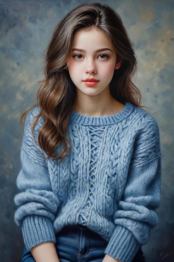 super realistic, detailed, ((gorgeous)) ((stunning)) cute young girl, full portrait, 18 years old, oil painting style, thin wool sweater