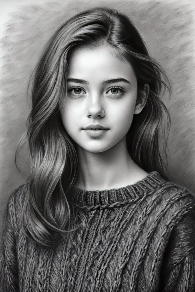 super realistic, detailed, ((gorgeous)) ((stunning)) cute young breasted girl, full portrait, 18 years old, charcoal drawing, thin wool sweater