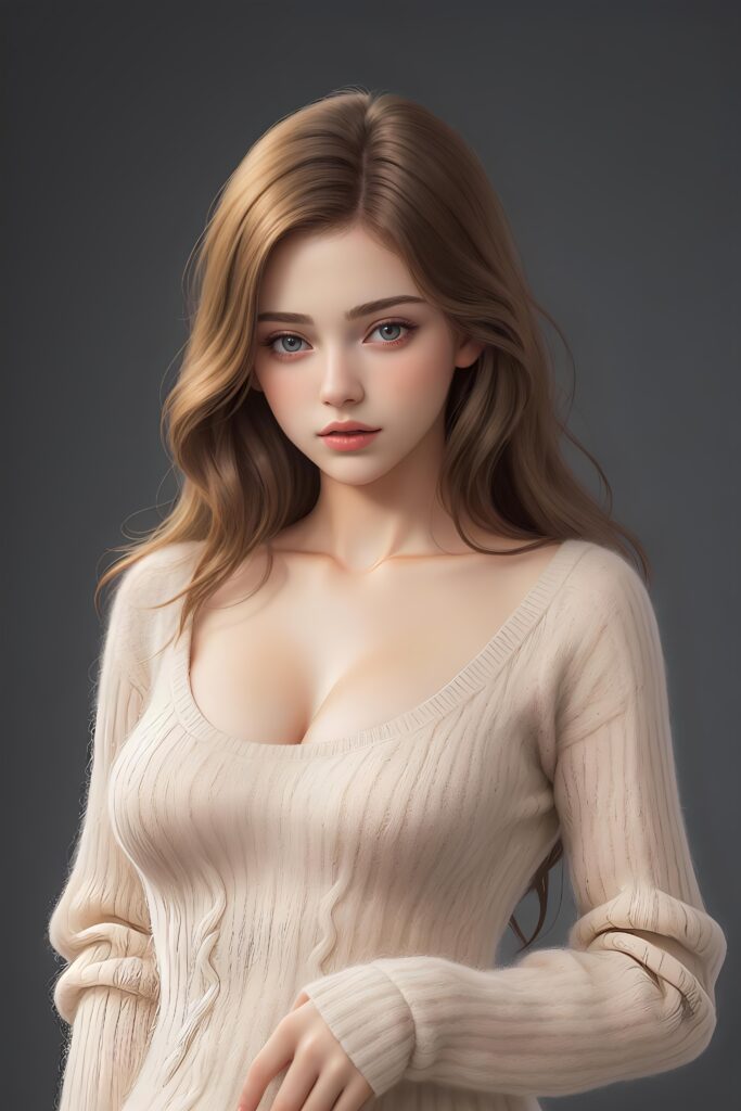 super realistic, detailed, ((gorgeous)) ((stunning)) cute young breasted girl, full portrait, 18 years old, thin wool sweater