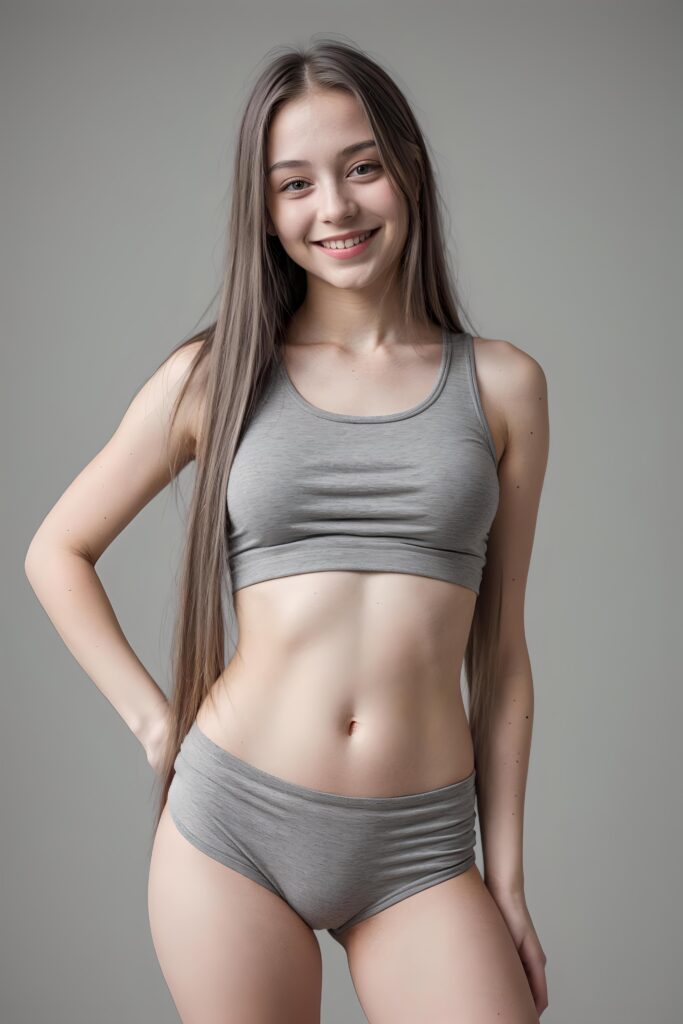portrait of a cute young girl, wears a grey crop top, smile, long straight hair, perfect curved body, grey short shorts, front view