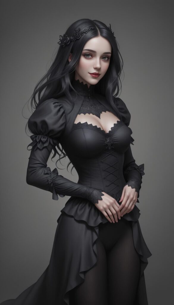 woman, dark hair, smile, gothic dressed