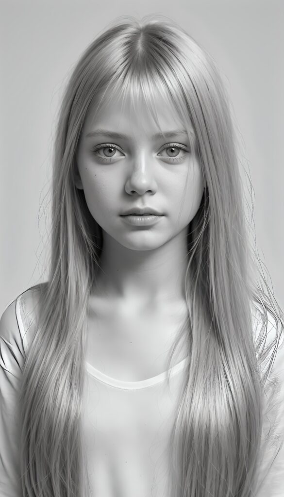 ((portrait)), detailed pencil drawing, silvery-skinned (((young girl))), long straight platinum hair, white shirt