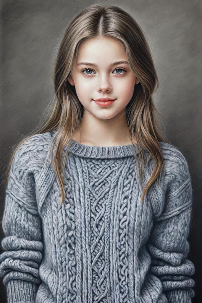super realistic, detailed, ((gorgeous)) ((stunning)) cute young breasted girl, full portrait, 18 years old, pencil drawing, thin wool sweater