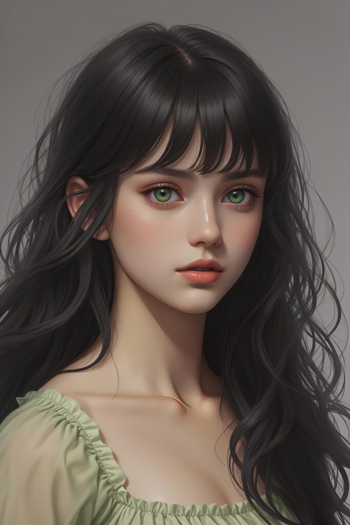 ((gorgeous)) ((stunning)) ((portrait)) masterpiece of teen girl detailed face with green eyes, black wavy hair, bangs cut