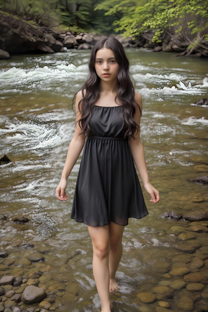 a beautiful, young girl stands in a natural spring and looks embarrassed into the camera. Her black, wavy hair falls over her upper body. She is wearing a thin silk dress.