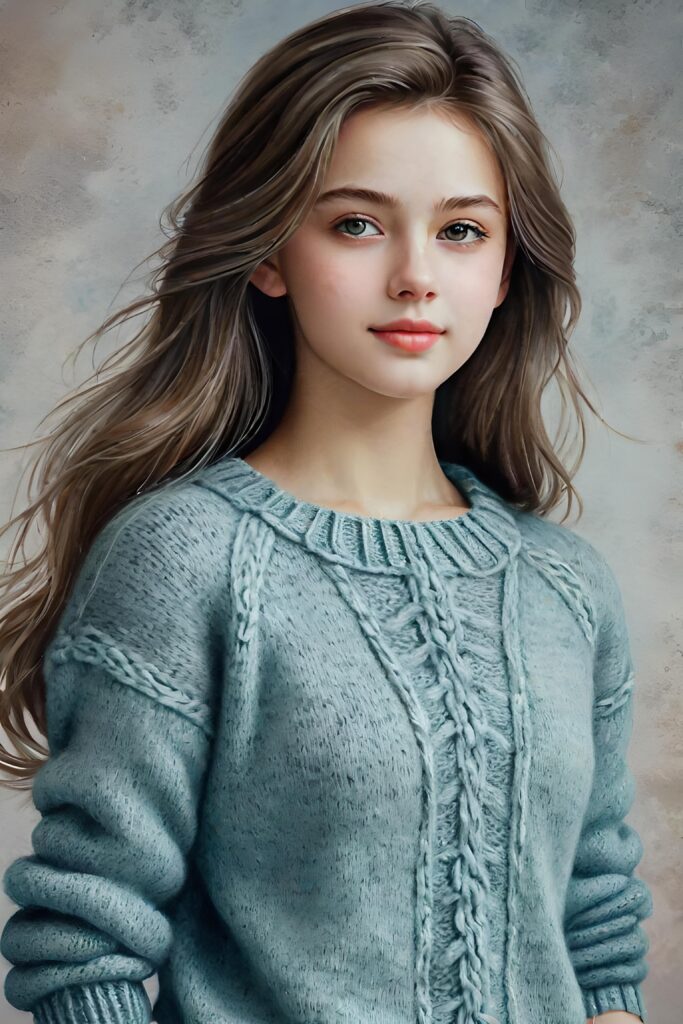 super realistic, detailed, ((gorgeous)) ((stunning)) cute young breasted girl, full portrait, 18 years old, wathercolor style, thin wool sweater