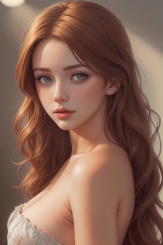 super realistic, detailed, ((gorgeous)) ((stunning)) cute young breasted girl, full portrait, long auburn hair, 18 years old