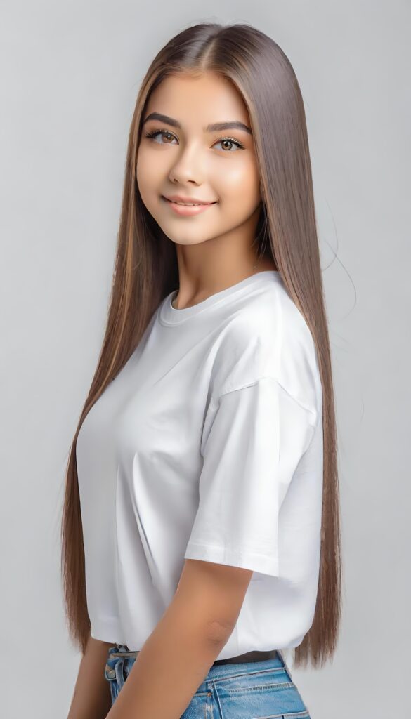 ((portrait)) of (((cute))) (((elegant))) ((attractive)) (((long, straight hair))) ((stunning)) a beautifully realistic, cinematic lights, Exotic teen girl, realistic detailed angelic round face, ((realistic detailed eye)) look at the camera, portrait shot, perfect curved body, (wears a super short tight (white t-shirt), perfect anatomy, white background, side perspective, ((no background))