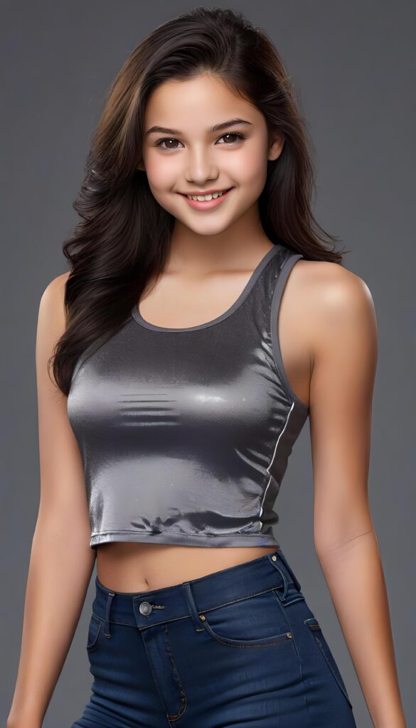 a teenage girl, full detailed and realistic portrait, ((round face)), flawless, young and smooth skin, full lips, her deep brown eyes sparkle, ((obsidian long, straight soft shiny hair)), a warm smile enchants the viewer, perfect curved body, wears a ((super short crop tank top)), ((gorgeous)) ((stunning)) ((grey background)) ((cute))