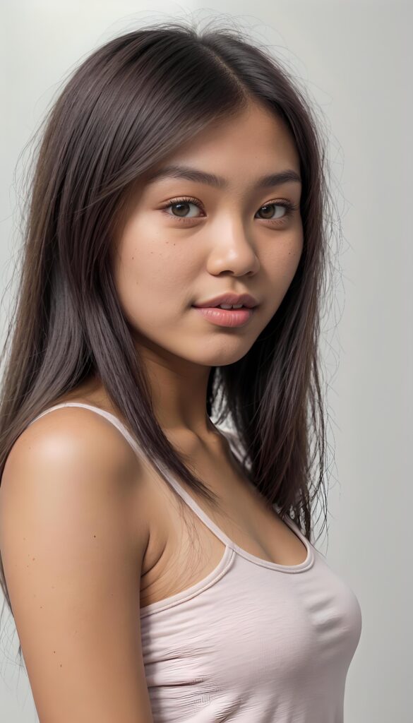 (((cute))) (((gorgeous))) ((stunning)) ((female model)) (upper body), (side view), (best quality, masterpiece), deep shadow, depth of field, photo with beautiful saturation, ultra high resolution, cute 18 years old Indonesian teen girl, detailed straight hair, white short tank top, perfect curved body, ultra realistic face, realistic amber eyes, looking at viewer, warm smile ((pink lips))