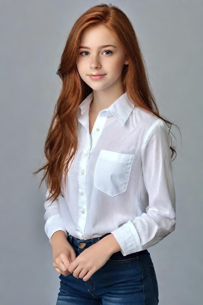 super realistic, detailed, ((gorgeous)) ((stunning)) cute young breasted girl, full portrait, long auburn hair, 18 years old, white shirt