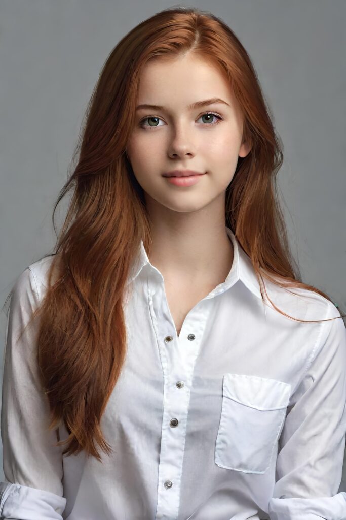 super realistic, detailed, ((gorgeous)) ((stunning)) cute young breasted girl, full portrait, long auburn hair, 18 years old, white shirt