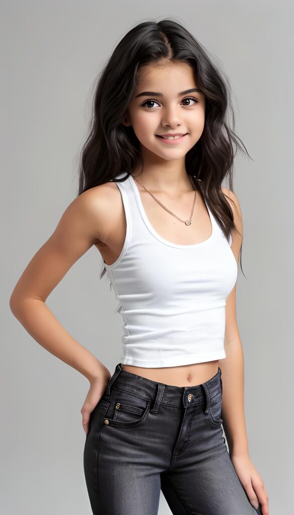 cute babe, 18 years old, dark (+ color) hair, black thin tank top, short jeans pants, pose perfect, white background