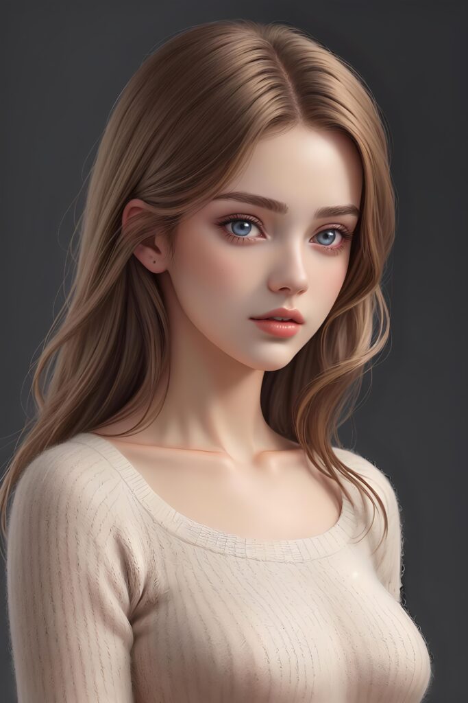 super realistic, detailed, ((gorgeous)) ((stunning)) cute young breasted girl, full portrait, 18 years old, thin wool sweater