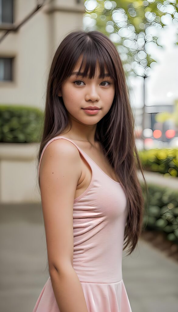 (((cute))) (((gorgeous))) ((stunning)) ((female model)) (upper body), (side view), (best quality, masterpiece), deep shadow, depth of field, photo with beautiful saturation, ultra high resolution, cute 18 years old Filipino teen girl, Korea styled bangs, detailed straight hair, white short tank top, perfect curved body, ultra realistic face, realistic amber eyes, looking at viewer, warm smile ((pink lips))