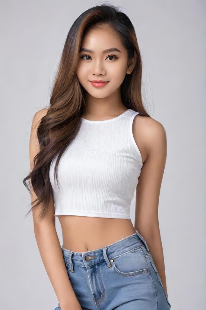 super realistic, detailed portrait, a beautiful young busted girl with long hair, looks sweetly into the camera. She wears a white crop top, perfect curved body