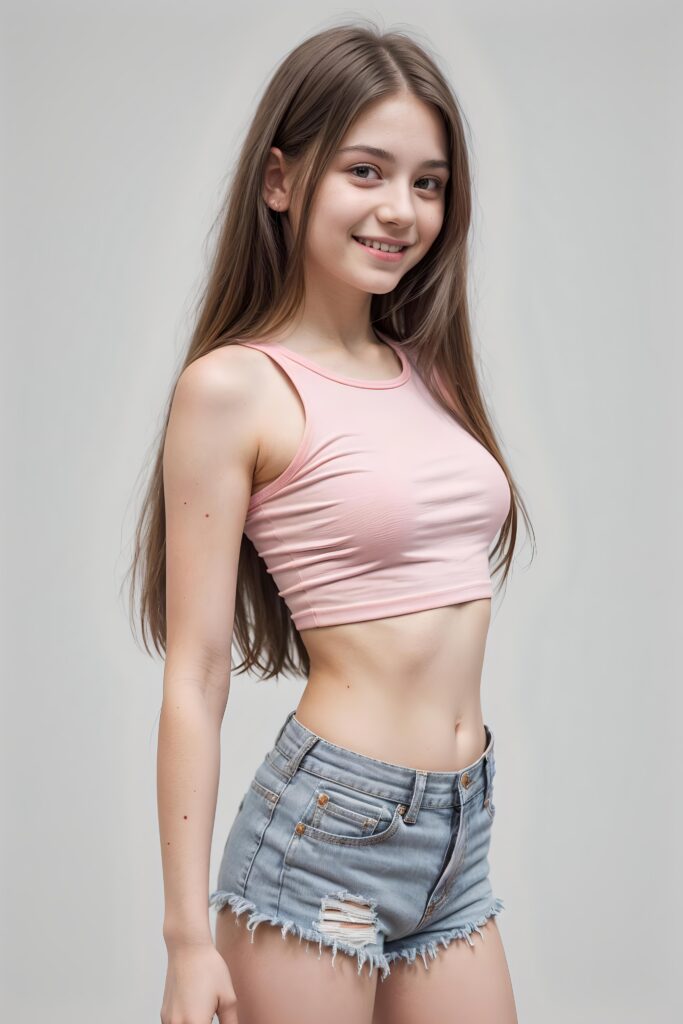portrait of a cute young girl, wears a pink crop top, smile, long straight brwon hair, perfect curved body, grey short shorts, side view