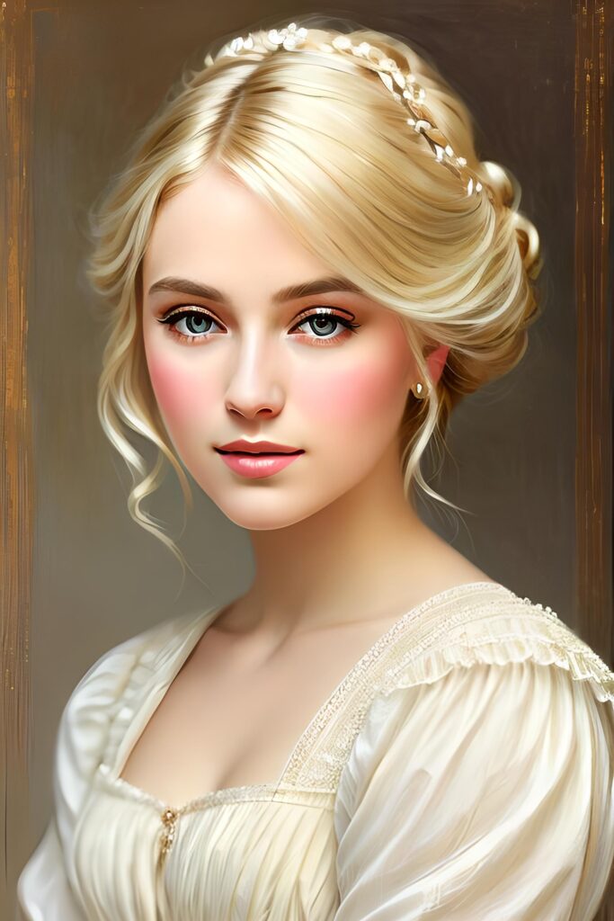 a beautifully drawn (((blonde woman))) in the style of late 19th century, with delicate details and a soft color palette that evokes an atmosphere of timeless elegance