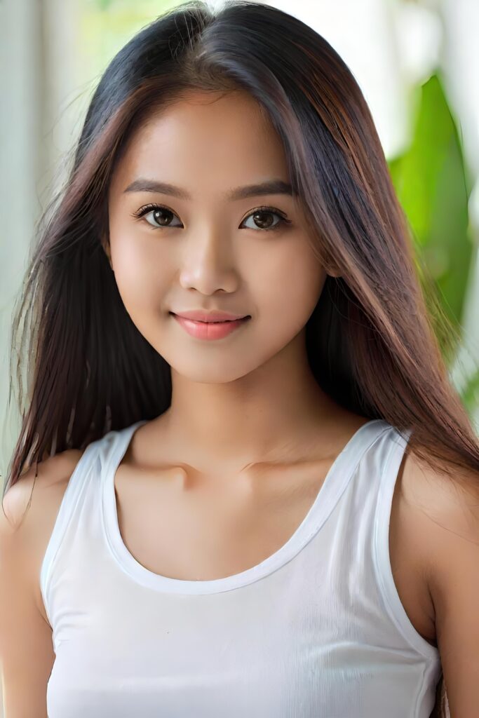super realistic, detailed portrait, a beautiful young girl with long blue hair looks sweetly into the camera. She wears a white tank top.