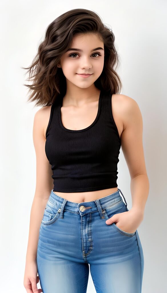 cute babe, 18 years old, dark (+ color) hair, black thin tank top, short jeans pants, pose perfect, white background