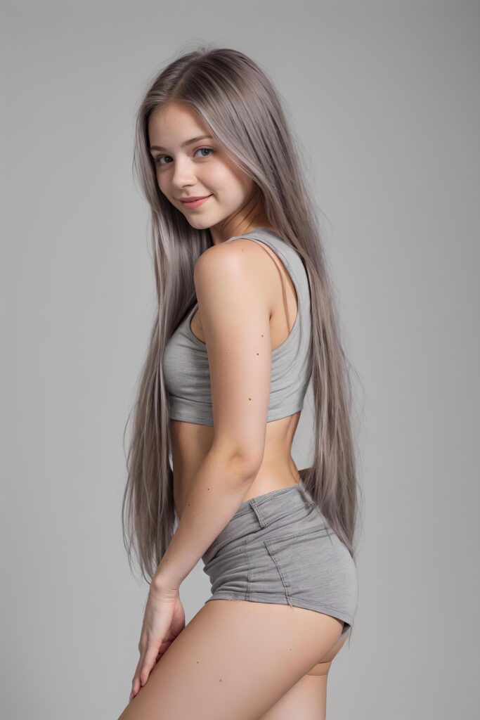 portrait of a cute young girl, wears a grey crop top, smile, long straight hair, perfect curved body, grey short shorts, side view