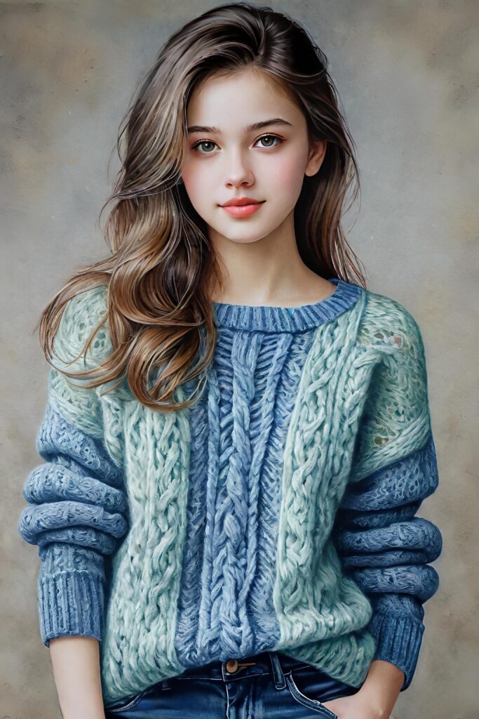 super realistic, detailed, ((gorgeous)) ((stunning)) cute young breasted girl, full portrait, 18 years old, wathercolor drawing, thin wool sweater