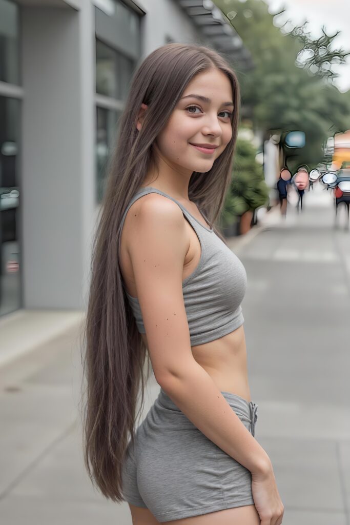 portrait of a cute young girl, wears a grey crop top, smile, long straight hair, perfect curved body, grey short shorts, side view