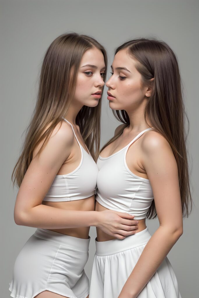 (((cute))) (((gorgeous))) ((female model)) ((stunning)) ((two very pretty young teen girls)), straight hair, perfect realistic body, dressed in a form-fitting low cut white crop top, super short mini skirt, ((about to a passionate kiss))