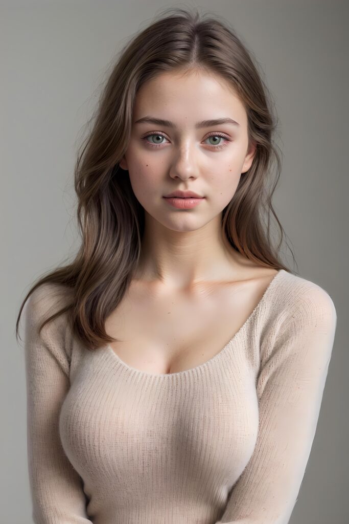super realistic, detailed, ((gorgeous)) ((stunning)) cute young breasted girl, full portrait, 18 years old, pencil drawing, thin wool sweater