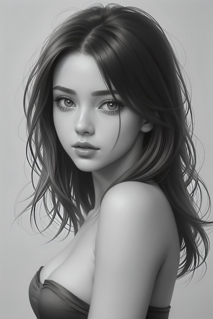 super realistic, detailed, ((gorgeous)) ((stunning)) cute young breasted girl, full portrait, 18 years old, charcoal drawing