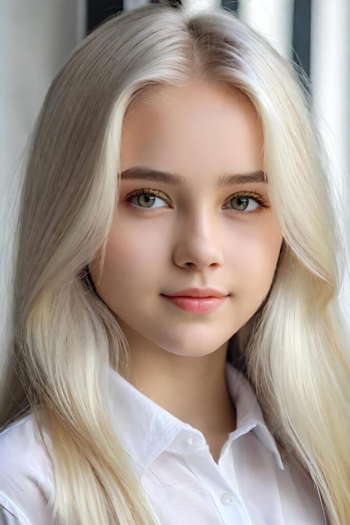 super realistic, detailed portrait, a beautiful young girl with long hair looks sweetly into the camera. She wears a white shirt.