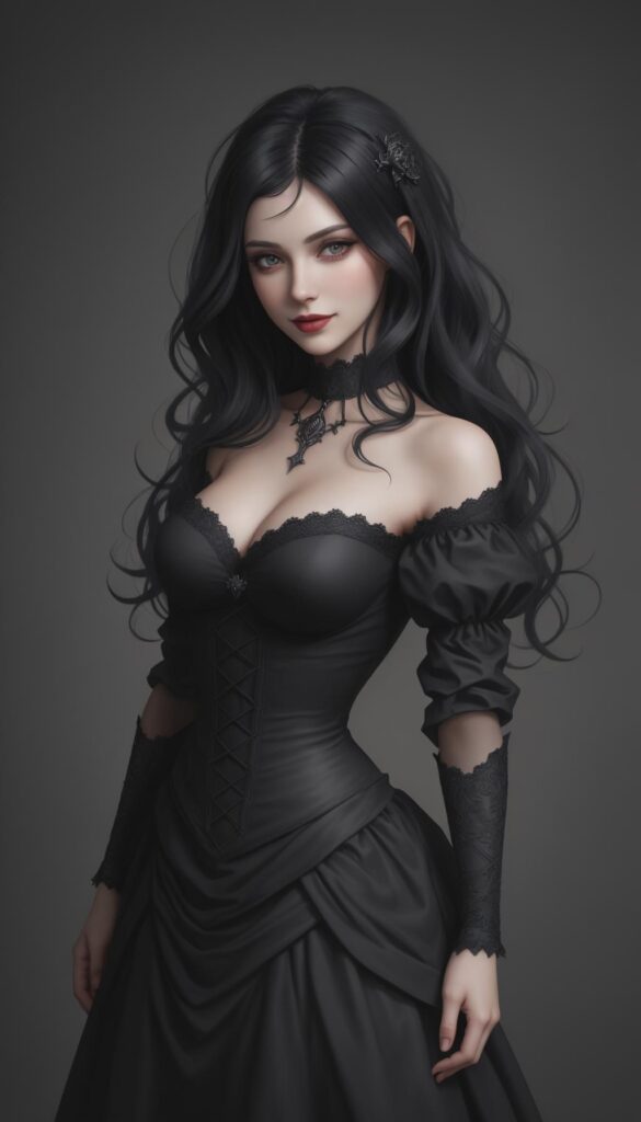 woman, dark hair, smile, gothic dressed