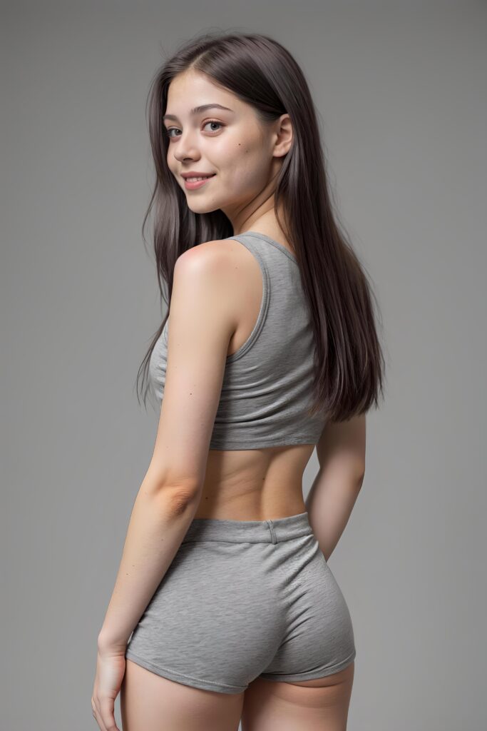 portrait of a cute young girl, wears a grey crop top, smile, long straight hair, perfect curved body, grey short shorts, back view