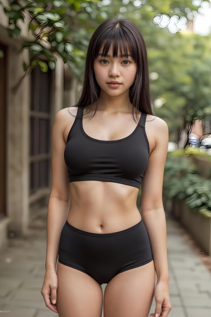 ((full body view)) (((cute))) (((gorgeous))) ((stunning)) ((female model)), (best quality, masterpiece), deep shadow, depth of field, photo with beautiful saturation, ultra high resolution, young Asian teen girl, wears a ((super short form-fitting low cut tight (thin tank top))), super short pants, looks at the camera, looking at viewer, warm smile, highly detailed, ultra realistic round face, beautiful eyes, perfect curved body, black long hair, bangs cut