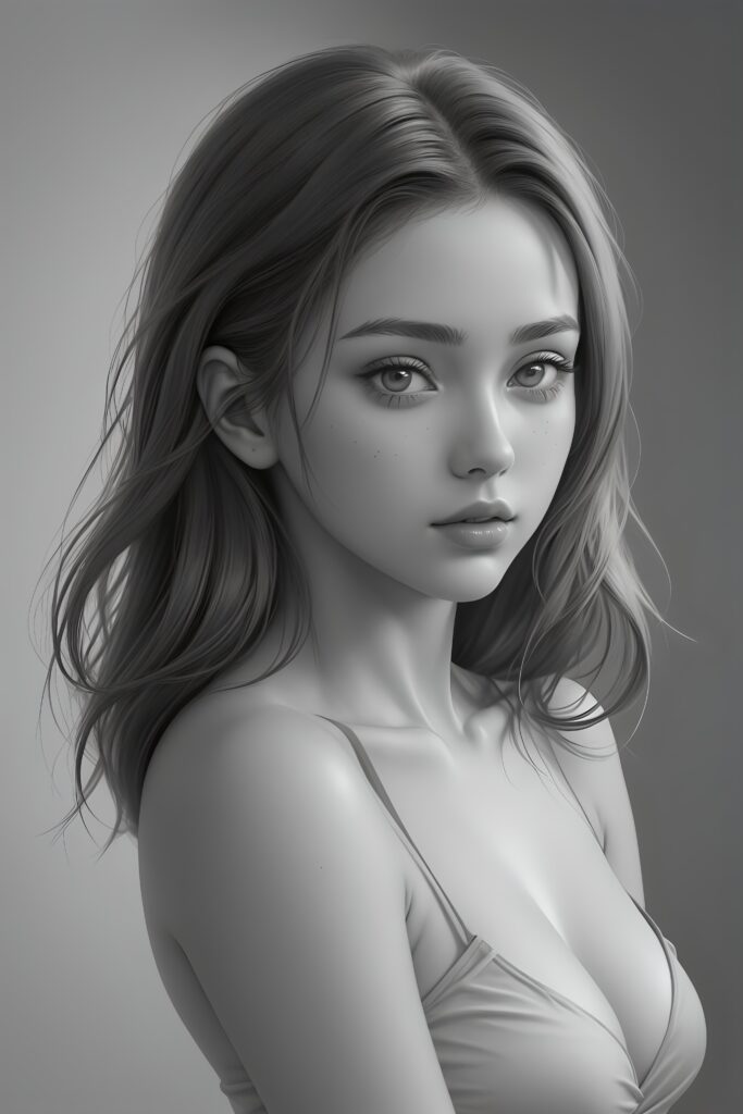 super realistic, detailed, ((gorgeous)) ((stunning)) cute young breasted girl, full portrait, 18 years old, charcoal drawing