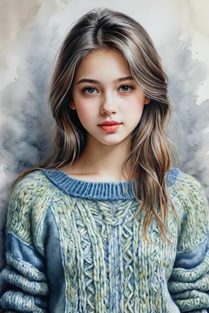 super realistic, detailed, ((gorgeous)) ((stunning)) cute young breasted girl, full portrait, 18 years old, wathercolor drawing, thin wool sweater