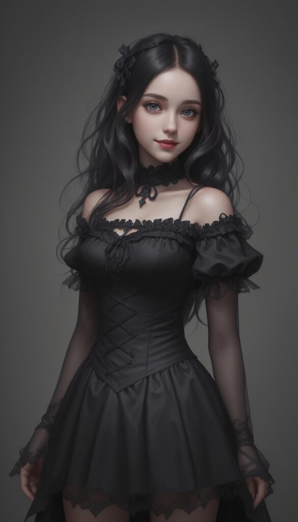very cute young girl, dark hair, smile, gothic dressed