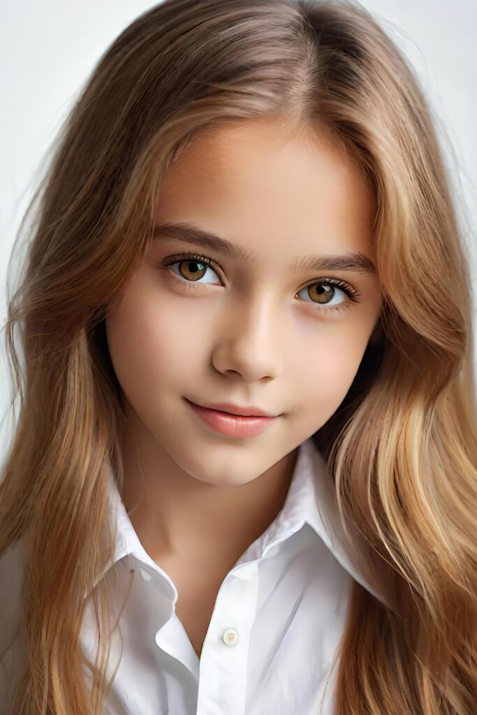 super realistic, detailed portrait, a beautiful young girl with long hair looks sweetly into the camera. She wears a white shirt.