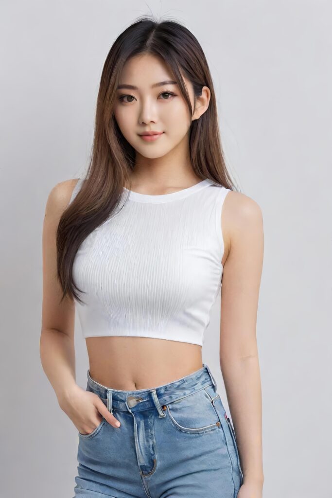 super realistic, detailed portrait, a beautiful young busted girl with long hair, looks sweetly into the camera. She wears a white crop top, perfect curved body
