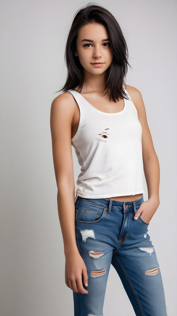 a (((cute teen babe))) aged 18 with dark hair and a sleek ((thin tank top)) paired with short, ((distressed denim jeans)), posed perfectly against a pristine ((white backdrop))