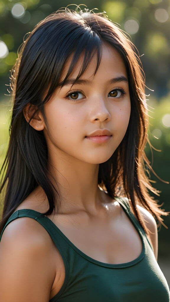a (((breathtakingly realistic side view))) of a beautiful, young, soft Indigenous teen girl who is 13 years old with full, shoulder-length, shiny, black and straight hair framing her face in bangs. Her brown eyes sparkle under the sunlight, and her skin is a glowing mix of light brown and olive. She wears a super short crop top that showcases her wonderfully proportioned figure, making her look confidently seductive